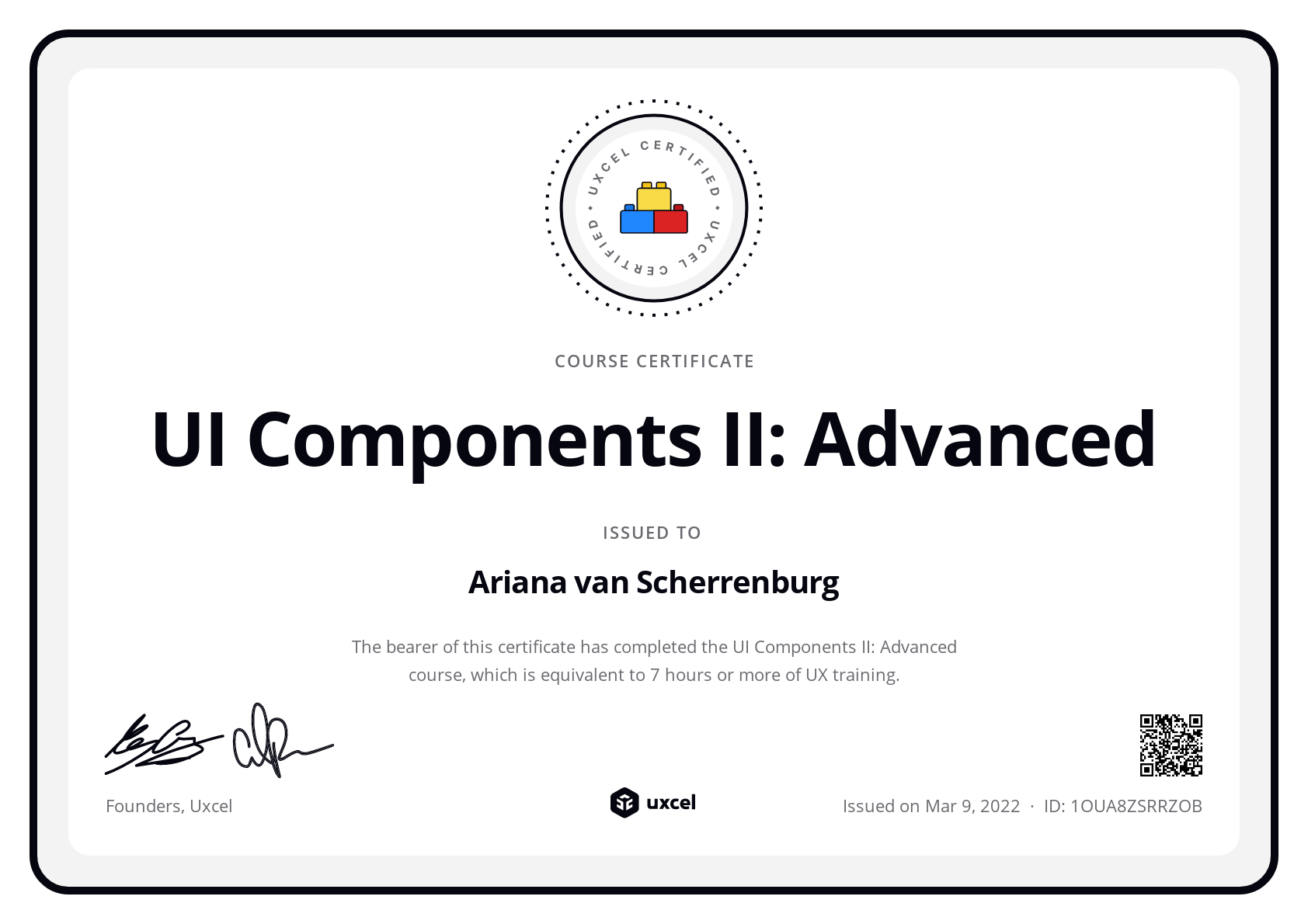 Ariana van Scherrenburg's certificate